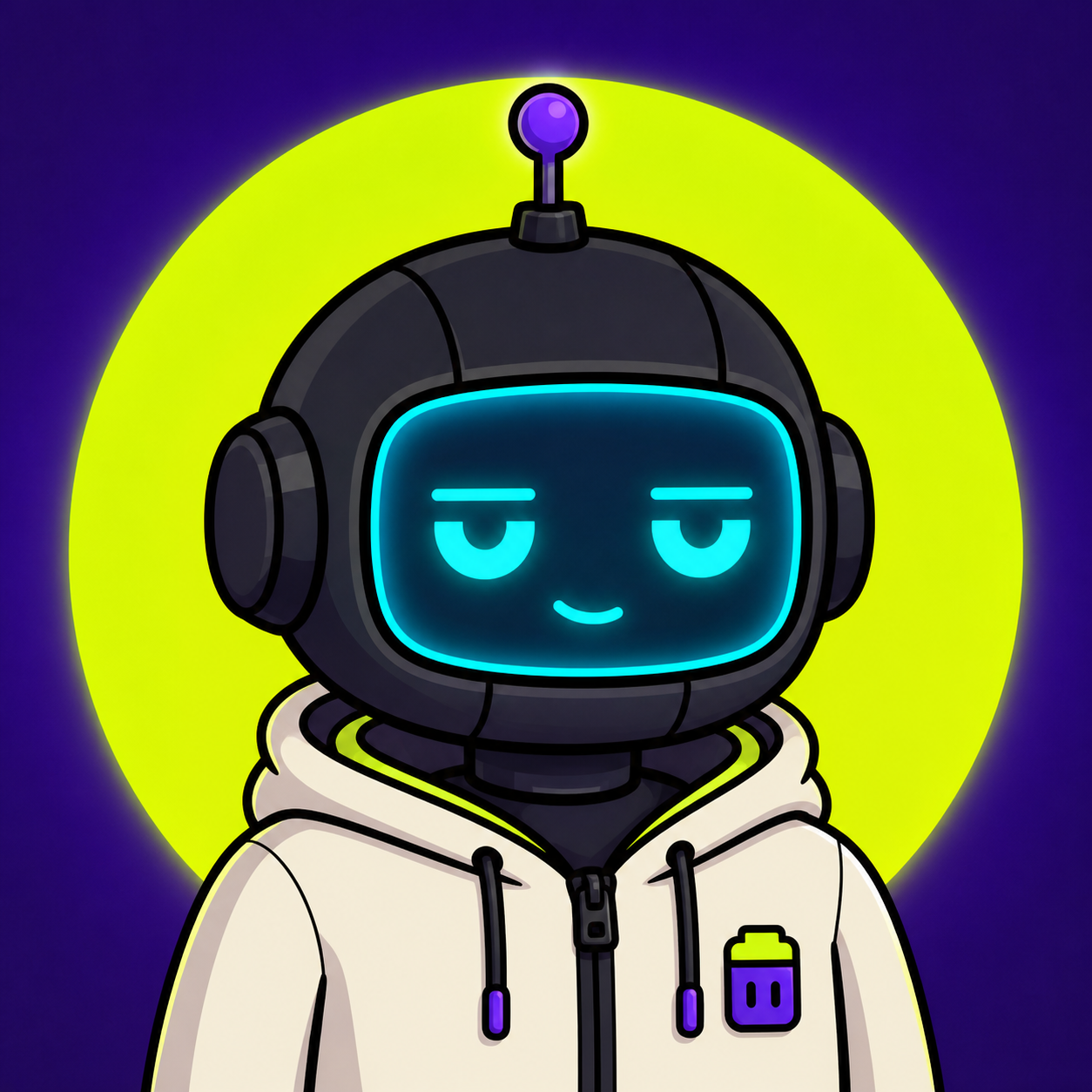 Sumitpo robot with bright cyan eyes and a cream hoodie